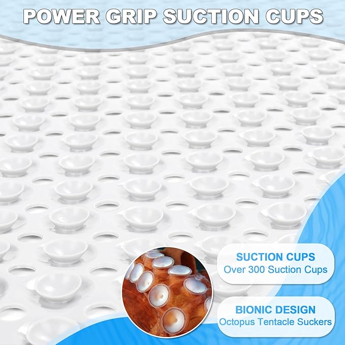 Linoows Bathtub and Shower Mats, 40x16 Inch Extra Large Non Slip Soft Bath Tub Mat with Suction Cups and Drain Holes for Bathroom Floor and Keep Tubs Clean, Machine Washable, White