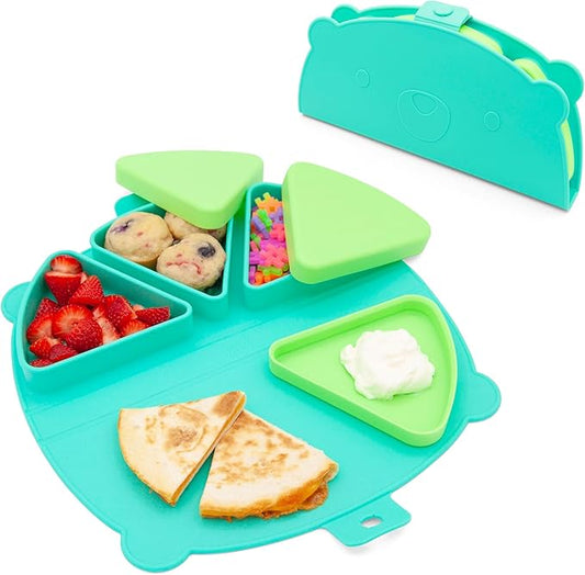 Silicone On-The-Go Snack Mat – Foldable Reusable Placemat with 3 Compartments and Lids – Travel-Friendly Baby and Toddler Snack Plate – Dishwasher Safe (Aqua)