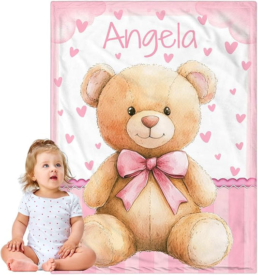 Personalized Baby Blanket for Girls, Custom Baby Blanket with Name, Soft Cozy Personalized Name Blankets for Kids, Customized Bear Blanket for Infant Toddler Birthday Christmas