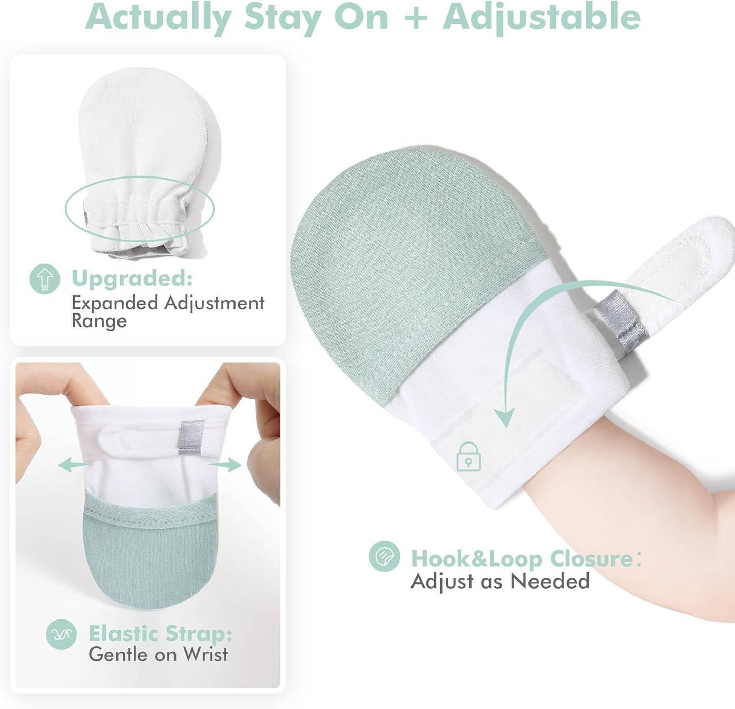 HAPIU Baby No Scratch Mittens Stay On, 100% Cotton Breathable, Adjustable Infant Gloves for Boys Girls, Newborn - 12 M