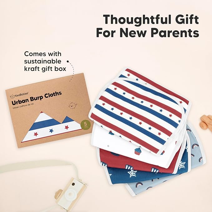 Organic Burp Cloths Baby Boy & Girl - 5-Pack Super Absorbent Cotton Burping Cloths for Babies, Soft & Plush Newborn Spit Up Rags, Infant Towels for Milk Spit Up, Unisex, Large 21" x 10" (Toy Land)