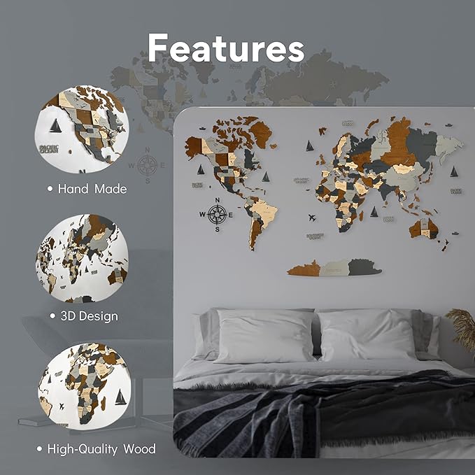 Wooden World Map 3D Art Large Wall Decor - Size (M, L, XL) Any Occasion Gift Idea - Wall Art For Home, Kitchen or Office
