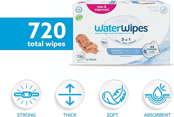 WaterWipes Sensitive+ Newborn & Baby Wipes, 3-In-1 Cleans, Cares, Protects, 99.9% Water, Unscented & Hypoallergenic, 720 Count (12 Packs)