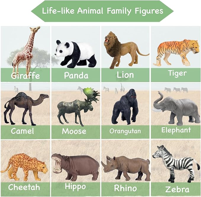 RUSON 12 Pcs Realistic Jungle Animal Figurines, Safari Animals Figures Toys Cake Topper Plastic African Wild Zoo Animals Playset Party Supplies for Kids Toddlers