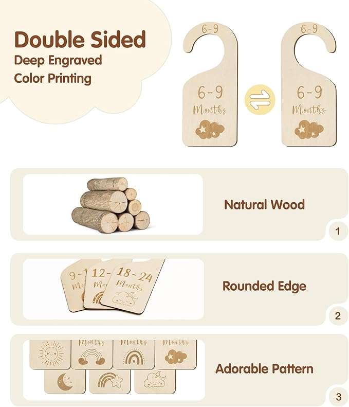 Baby Closet Dividers, Wooden Double Sided Nursery Clothes Size Separators for Newborn to 24 Months, Neutral, 7 Pcs