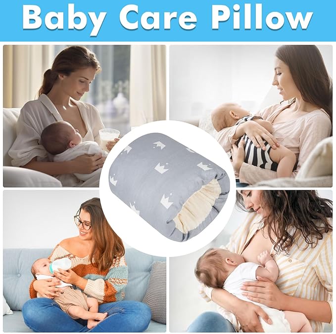 Nursing Arm Pillows for Breastfeeding,Baby Feeding Arm Pillow Portable and Washable for Travel, Soft Cotton Ergonomic Bottle Nursing Essentials（Grey Crown）