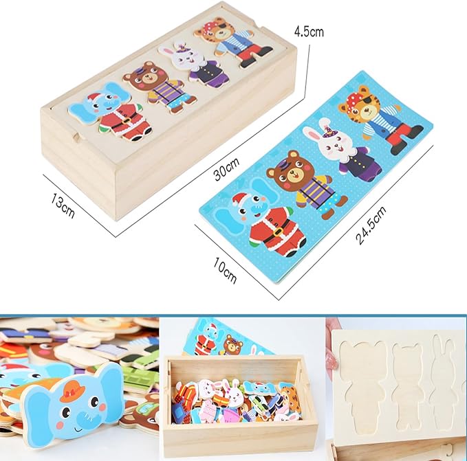Wooden Jigsaw Bear Family Puzzle Box, Dressing Puzzles Toys, Dress-up Puzzle Set（72 pcs） (Mixed)