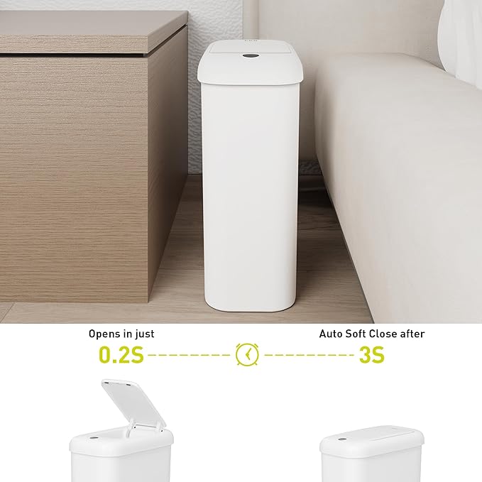 EKO Automatic Bathroom Trash Can with Lid, 2.6 Gallon Slim Touchless Garbage Can, Waterproof Motion Sensor Trash Bin for Bathroom, Office, Kitchen, White