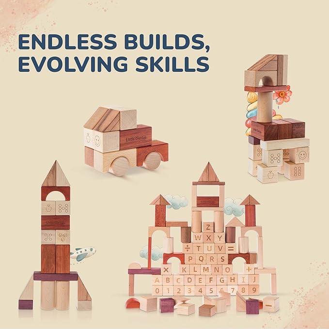 Hexagon Wooden Building Blocks for Toddlers & Kids Ages 3–8 | 86 PCS Montessori Alphabet & Number Set | FSC Beech Wood STEM Toy w/Storage & Learning Guide