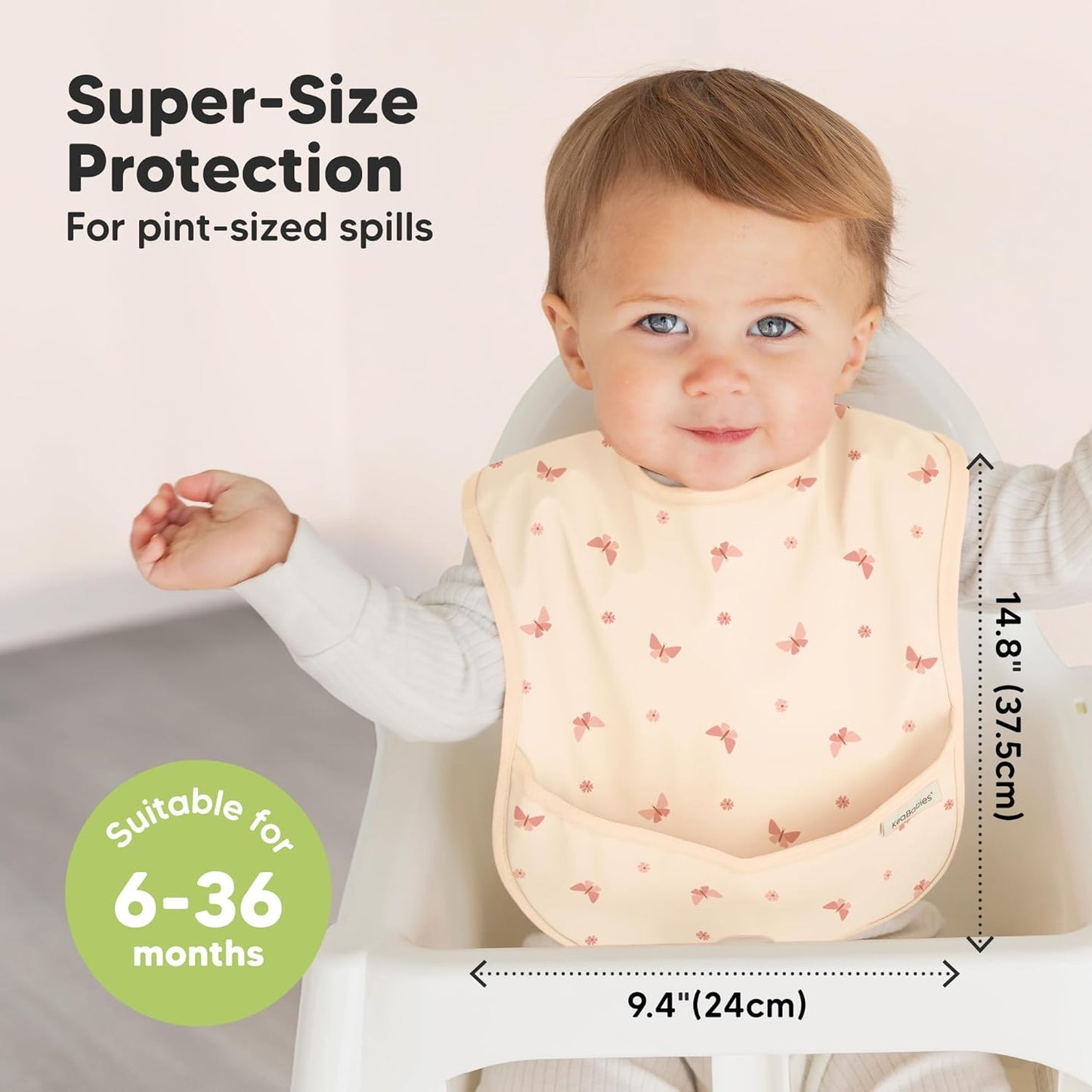 3-Pack Waterproof Baby Bibs for Eating - Lightweight Toddler Feeding Bibs with Large Food Catcher, Mess Proof, Food-Grade Baby Eating Essentials, Easy to Put On & Clean (Butterflies)