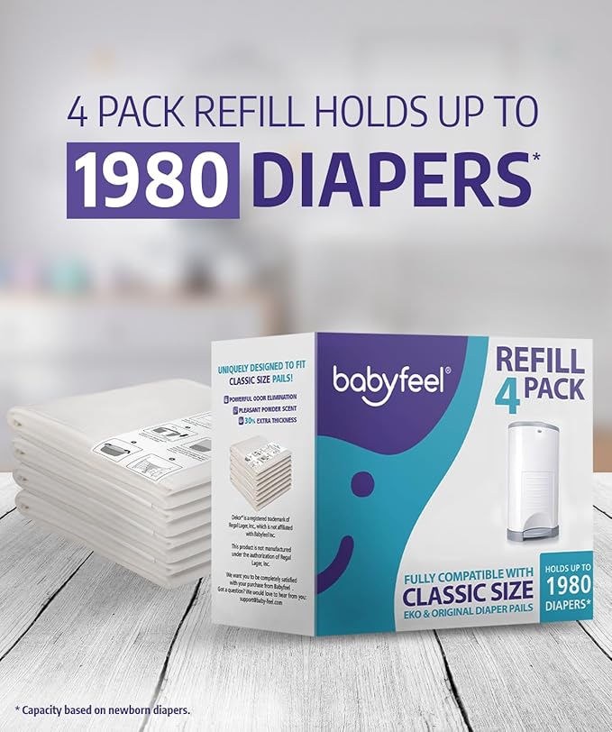 Babyfeel Refills Compatible with DEKOR CLASSIC Diaper Pails | 4 Pack | Exclusive 30% Extra Thickness | Diaper Pail Refills with Powerful Odor Elimination | Powder Scent | Holds up to 1980 Diapers