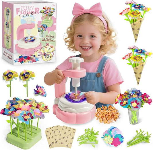 Mini Fabric Flower Press Sewing Machine Toy Kit for Kids Beginners, DIY Paper Bouquets Manual Sewing Kit, Creative Arts & Crafts Making Toy Gift for 4-8 Year Old Girls Boys