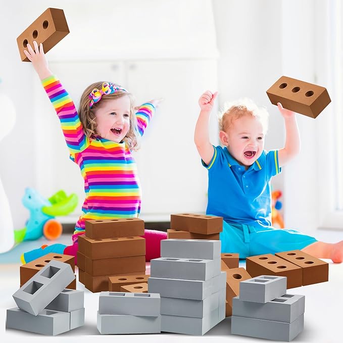 Deekin 30 Pcs Foam Brick Building Blocks for Kids Thick Blocks Foam Large Fake Brick Construction Toy for Stacking Construction, 8 x 4 x 2.4 in (Square Circle Holes)