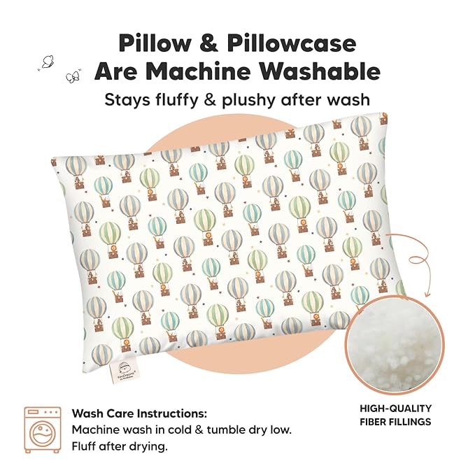 Toddler Pillow with Pillowcase - 13x18 My Little Dreamy Kids Travel Bed Pillows for Sleeping, Organic Cotton Small Pillowcase, Soft & Breathable, Machine Washable, Toddlers 2-5 (Hot Air Balloon)