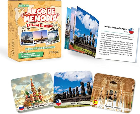 Menique Explore The World Memory Matching Game – Spanish Edition – 100 Cards (50 Pairs) with Iconic Landmarks, Country & Flag – Educational Geography Game in Spanish.