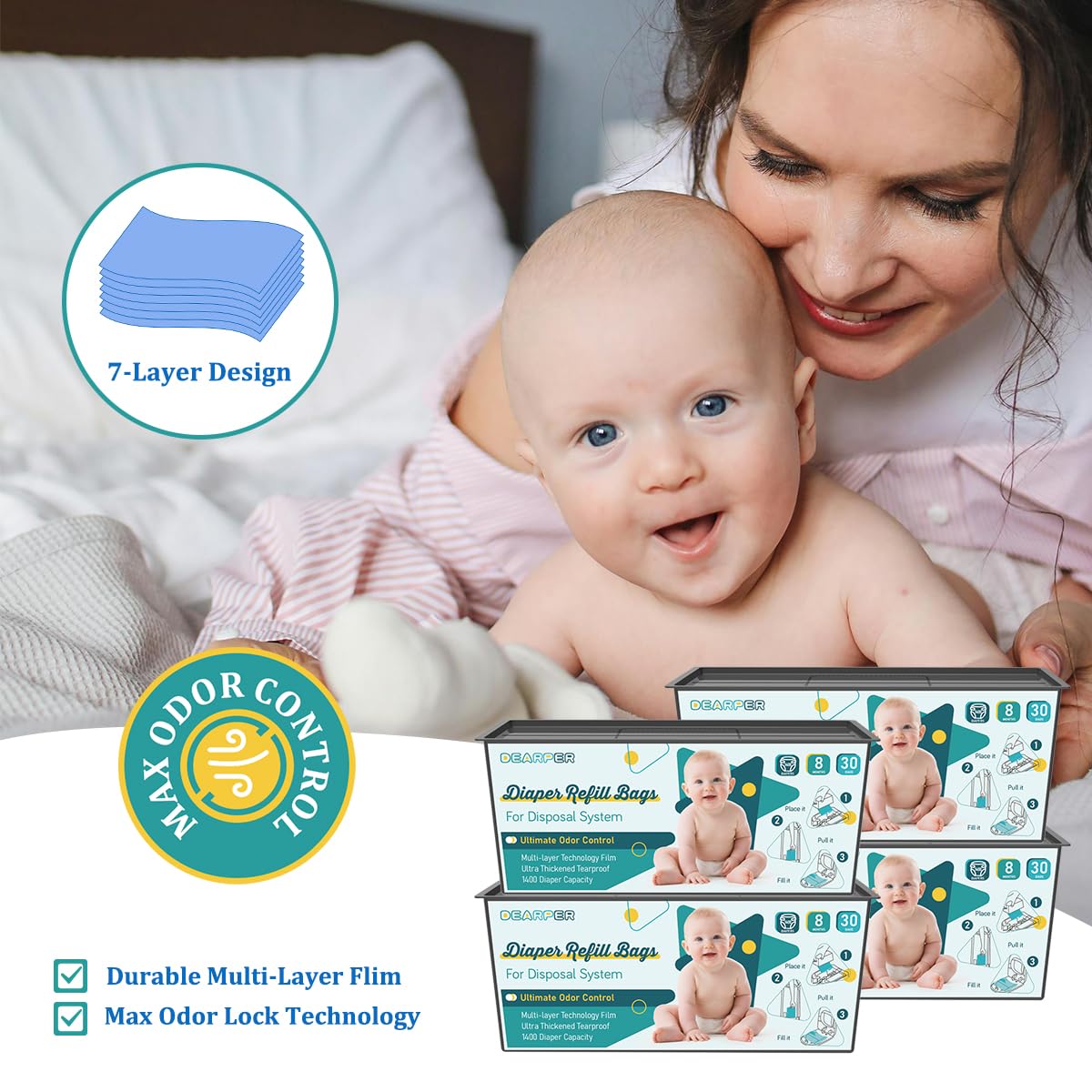 Diaper Pail Bags Refills 4 Pack (120 Count), Compatible with Genie Easy Roll Signature and Platinum Pails, 7-Layer Odor Control, Extra Thickness, Lasts up to 8 Months Per Refill