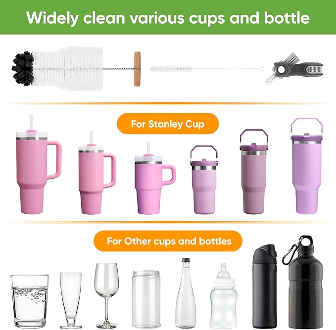 3 PCS Bottle Clean Brush Set, Long Wooden Handle Bottle Cleaner Brush for Stanley Cup Tumblers, 3 in1 Cup Lid Cleaning Brush, Long Straw Brush,Water Bottle Clean Brush Kit for Bottle Cups Coffee Mugs