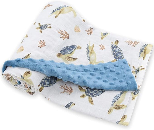 LifeTree Baby Blankets for Boys Girls, Soft Double Layer Swaddle Blankets, Muslin Front and Dotted Fleece Backing Receiving Bed Throw Blanket for Newborn Unisex, 31X40 Inches, Seaturtle