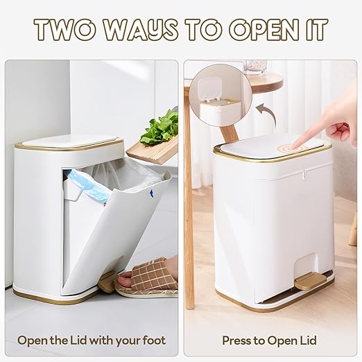 Bathroom Trash Can with Lid, 3 Gallon Gold Garbage Can, Small Trash Bin with Press top Lid and Pedal, Narrow White TrashCan Waste Basket for Bedroom, Living Room,Office,Plastic Dog Proof Trash Can