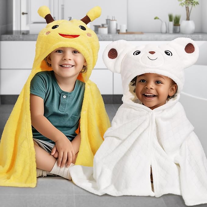 Hooded Towels for Kids,Toddler Bath Towel with Hood Age 0-5,2 Pcs Baby Bath Towels,Hooded Towels for Toddlers with 1-3 Large Size 50 * 32 Inch, Bath Towel for Kids,White&Yellow