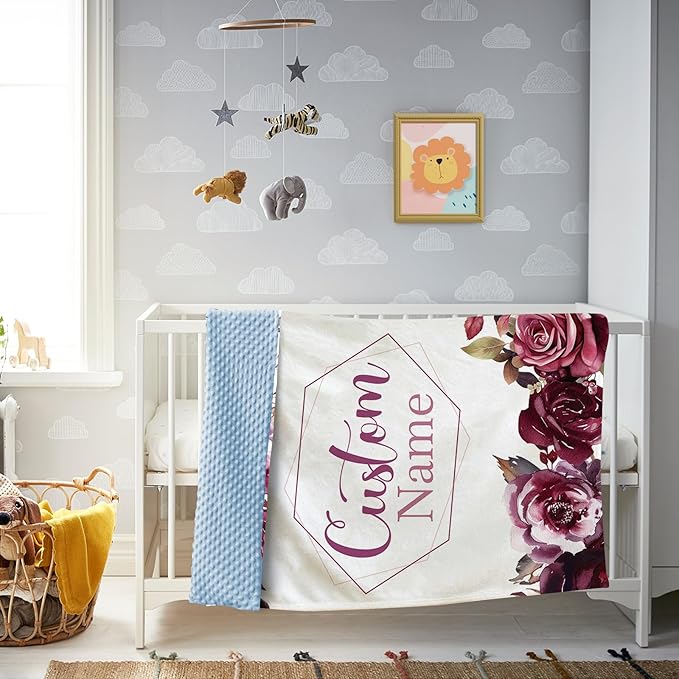 Personalized Baby Blanket with Name, Custom Toddler Blanket for Newborns, Purple Flowers Soft Double Layer Flannel Blankets, Personalized Baby Gifts for Nursery Infant Shower Birthday(60"x80")