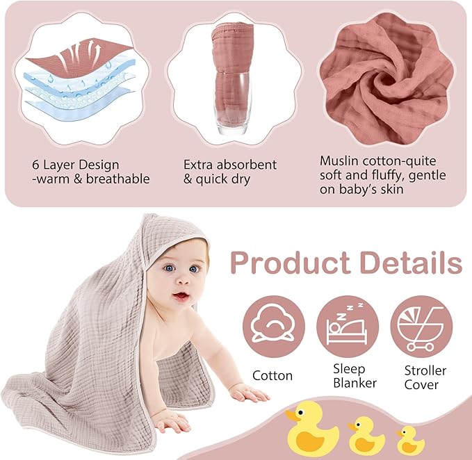 Peryiter 4 Pcs Muslin Hooded Baby Towels, 32"x 32" Cotton Newborn Bath Towel Muslin Infant Baby Blankets Absorbent Unisex Christmas Registry Gift Essentials for Girls Boys (Beige Series)