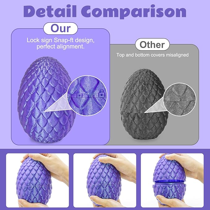 Dragon Eggs with Dragon Inside, 3D Printed Surprise Funny Gifts for Kids, Articulated Dragon Fidget Toys for Adults, Executive Desk Toys Office Room Décor (Shiny Purple, M-Size)