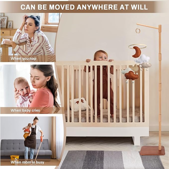 Floor-Standing Crib Mobile Arm - 65 Inch Mobile Arm for Crib - Mobile Stand for Crib - 100% Beech Wood - Movable Baby Mobile Hanger with Strong Anti-Dumping Attachment - Easy Assembly - Nursery Decor
