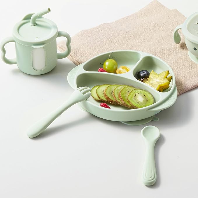 Bc Babycare Portable 4 Pack Baby & Toddler Self Feeding Fork and Spoon Set with Storage Case, BPA-Free Silicone Utensils for Boys and Girls, Safe & Easy to Carry, Blue & Green