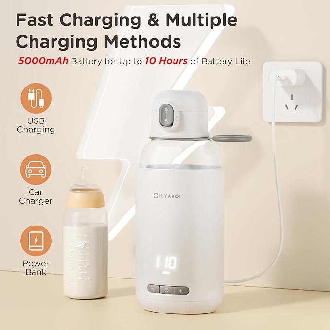 Portable Water and Milk Warmer, HIYAKOI Bottle Warmer On The Go Fast Heating for Baby Formula Breastmilk, 6 Hour Keep Warm, 9oz