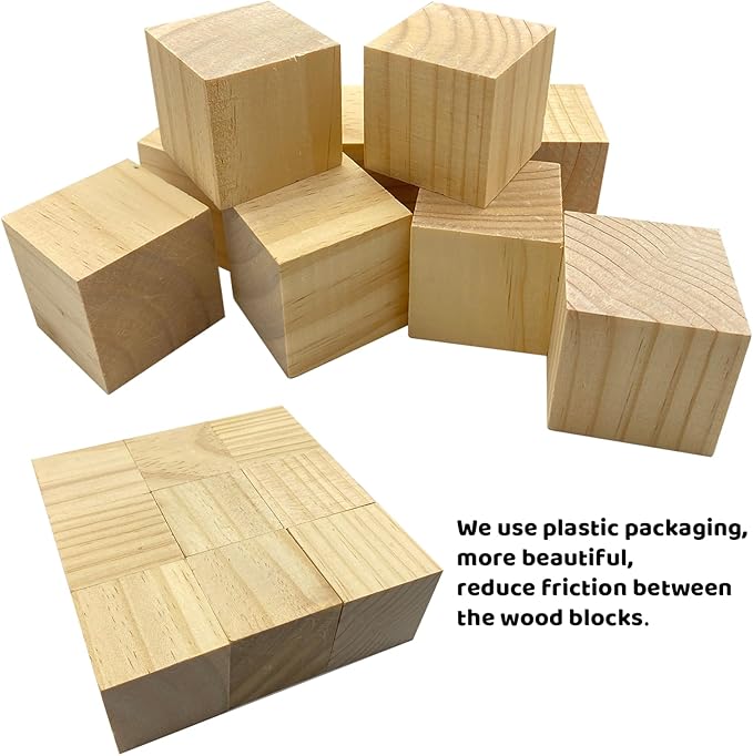 Wood Blocks for Crafts,2 Inch Unfinished Wooden Cubes Natural Wood Blocks for Crafts Making & DIY Projects & Decor(Pack of 9)