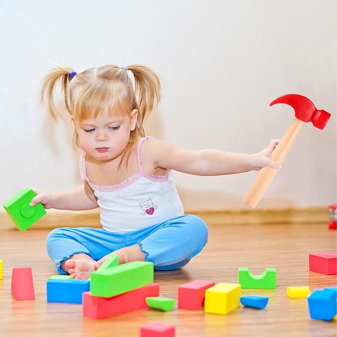 10 Pcs Kids Wooden Hammer Toy with 100 Pcs Colorful Wood Golf Tees, Small Plastic Hammer Simulation Hammers Educational Toys for Children Gift Birthday Party (Red and Green)