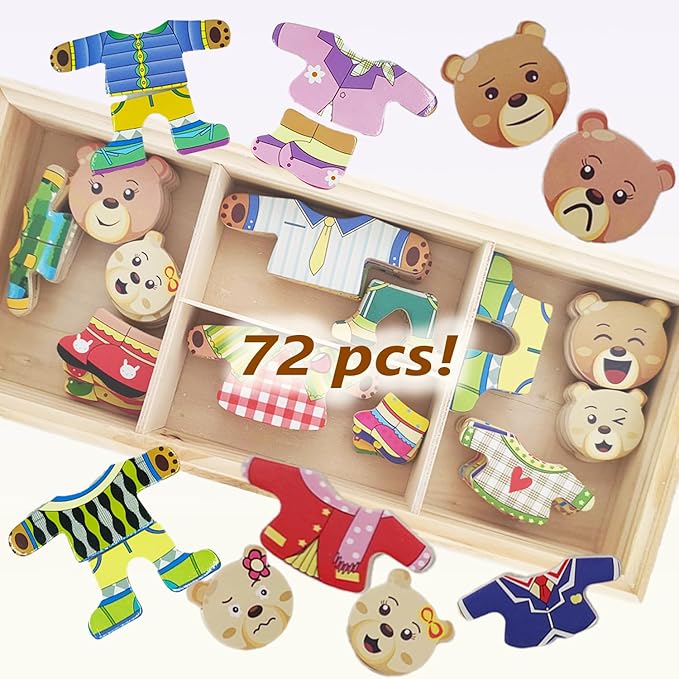Wooden Bear Family Dress-up Puzzle Box for Toddlers(72pcs),Change Clothes Puzzle Games, Preschool Learning Activities Toys for Kids Ages 3+