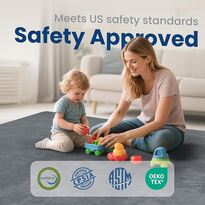 Baby Play Mat for Floor,Extra Large 79"×118" Tummy Time Mat,Thicker Memory Foam Mats for Toddler,Infant,Kids,Water Repellent Ultra Soft Coral Velvet,Non-Slip Backing Safe for Crawling(Dark Grey)