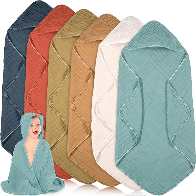 Peryiter 6 Pcs Muslin Hooded Baby Towels, 32"x 32" Cotton Newborn Bath Towel Muslin Infant Baby Blankets Absorbent Unisex Newborn Registry Gift Essentials for Girls Boys (Orange)