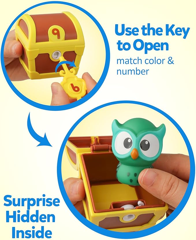 Coogam Fine Motor Skill Toys for Toddlers, 10pcs Surprise Animals Finger Puppets Treasure with Number Locks, Matching Color Sorting Pirate Hunt Game, Learning Montessori Gift for 3 4 5 Year Old