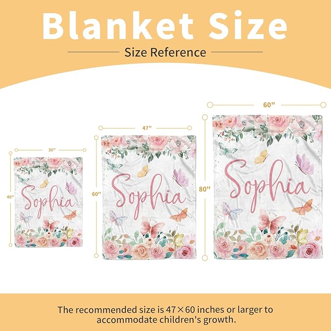 Personalized Baby Blanket for Girls, Custom Baby Blankets with Name, Soft Flannel Double Layer Receiving Swaddle Blanket, Pink Butterfly Monogram Birthday Gifts for Toddlers Infants (30"x40")