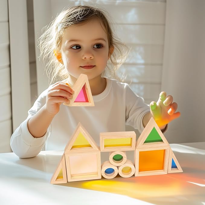 Wood Building Blocks Set for Kids, 32 Pcs Rainbow Stacker Stacking Game Construction Toys Set Preschool Colorful Learning Educational Toys, Geometry Wooden Blocks for Boys Girls