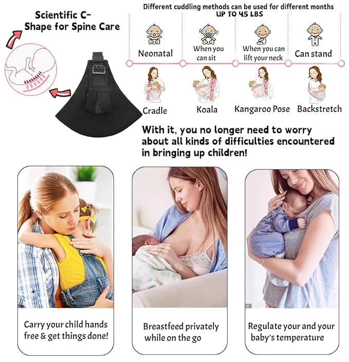 Baby Sling Carrier - Adjustable Baby Sling 2025 Upgraded Toddler Sling Comfortable Baby Wrap Carriers Ergonomic-Designed, Travel Friendly Carrying 10-45 Lbs(Black)