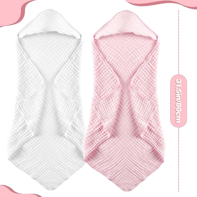 MUKIN Baby Hooded Towels, Muslin Cotton, 2-Pack, for Newborn, Infant, Toddler and Kids (White,Pink)