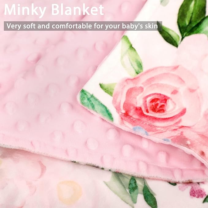 Baby Blankets for Girls Super Soft Minky Toddler Blanket 30x40 Inches, Double Layer, Dotted Backing, Floral Baby Crib Blanket for Nursery, Baby Car Seat, Pet, Pink Flower