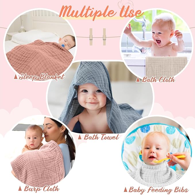VitalCozy 8 Pcs Baby Muslin Hooded Bath Towels and Washcloths, 32 x 32 Inch Muslin Cotton Hooded Baby Towels Absorbent Hooded Blankets for Gift Newborn Infant Shower (Pink,White)