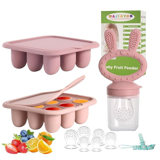 WAJIAYON Baby Breastmilk Popsicle Molds & Baby Fruit Feeder (3 Pack), Baby Food Freezer Tray Storage Containers, Silicone Teething Pacifier Feeder and Teether for Babies,Baby Feeder-Pink