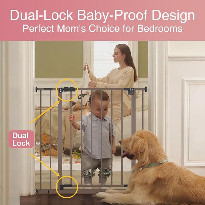 InnoTruth 29.5–40.75" Baby Gate for Stairs, 30" Tall Dog Gates for Doorways & Hallways, Safety Gate for Kids & Pets, Pressure-Mounted Walk-Through with Dual Lock & 2-Way Swing, Brown