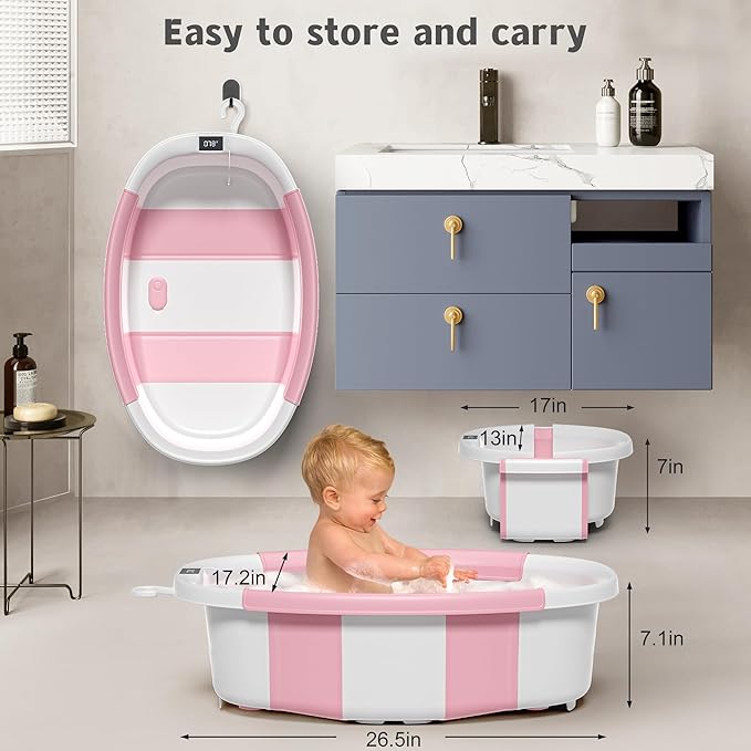 Collapsible Baby Bathtub for Newborn to Toddler 0-36 Months,Spacious Foldable Infant Bath Tub with Thermometer,Cushion & Drain Hole,Portable Travel Tub, Baby Shower Gift Pink