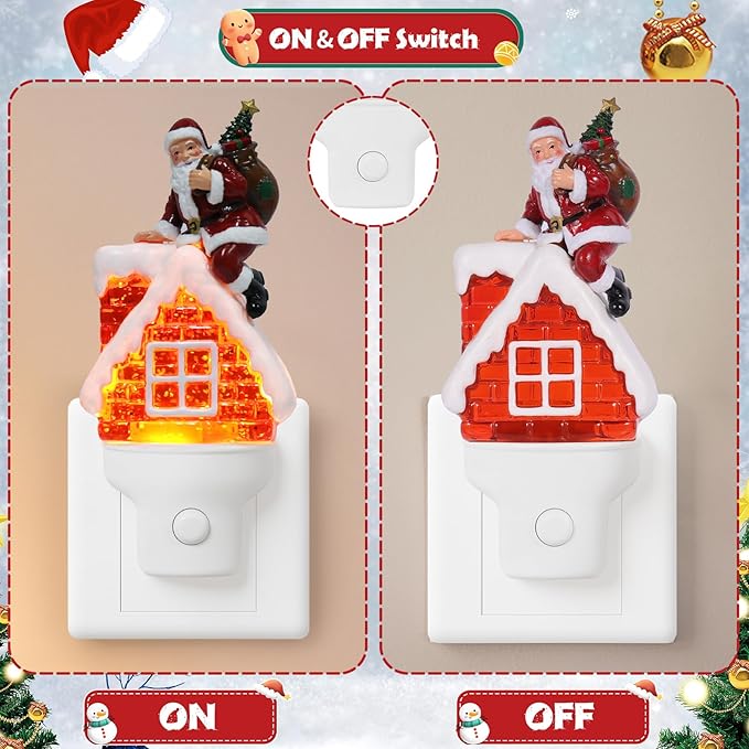 2 Pack Christmas Santa Night Light Plug into Wall Glitter Water Nightlight with USB/Outlet Options, Christmas Decorative Nightlight for Bedroom Kitchen Hallway Holiday Decorations Gifts (Santa)
