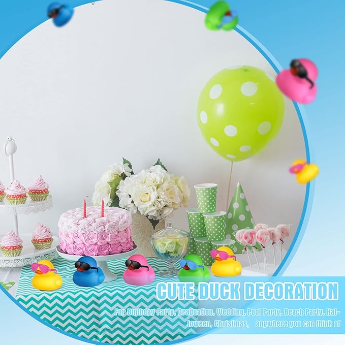 Chivao 12 Pcs Rubber Ducks with 12 Sunglasses/ Hats/ Headwear Small Mini Carnival Cruise Birthday Rubber Duckies Bathtub Toys in Bulk(Stylish Style,Bright Colors)
