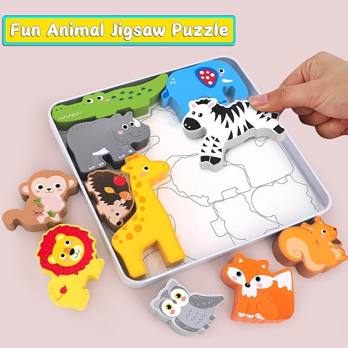 Wooden Animal Puzzles Toys for Toddlers,12PC Safari Animal Figures,Animal Matching Sorting Stacking Toys for Boys Child Girls,Educational Learning Toys Gift for Kids (Safari)