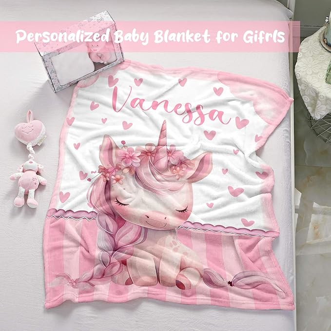 Personalized Baby Blanket for Girls, Custom Baby Blanket with Name, Soft Cozy Personalized Name Blankets for Kids, Customized Unicorn Blanket for Infant Toddler Birthday Christmas