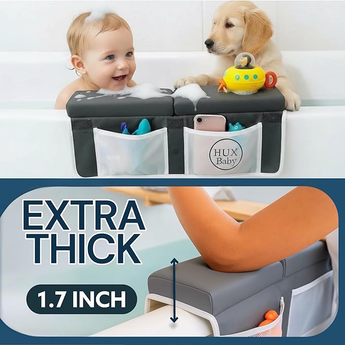 Comfortable Baby Bath Kneeler and Elbow Rest Pad Set, Non-Slip Bathtub Kneeling Pad for Bathing Baby, Bath Tub Cushion Mat, Elbow Pads, Toy Organizer Storage Pockets, Strong Suction Cups, Dark Gray